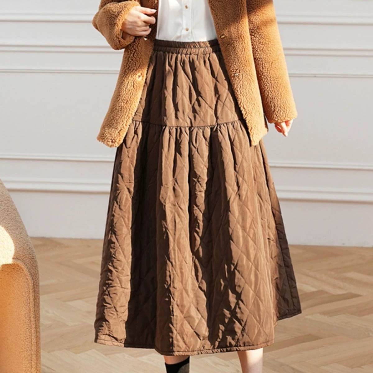 Хлопковая юбка миди для женщин, новинка осени-зимы 2025, универсальная для повседневной носки, с высокой талией, стройнящая, юбка А-силуэта.