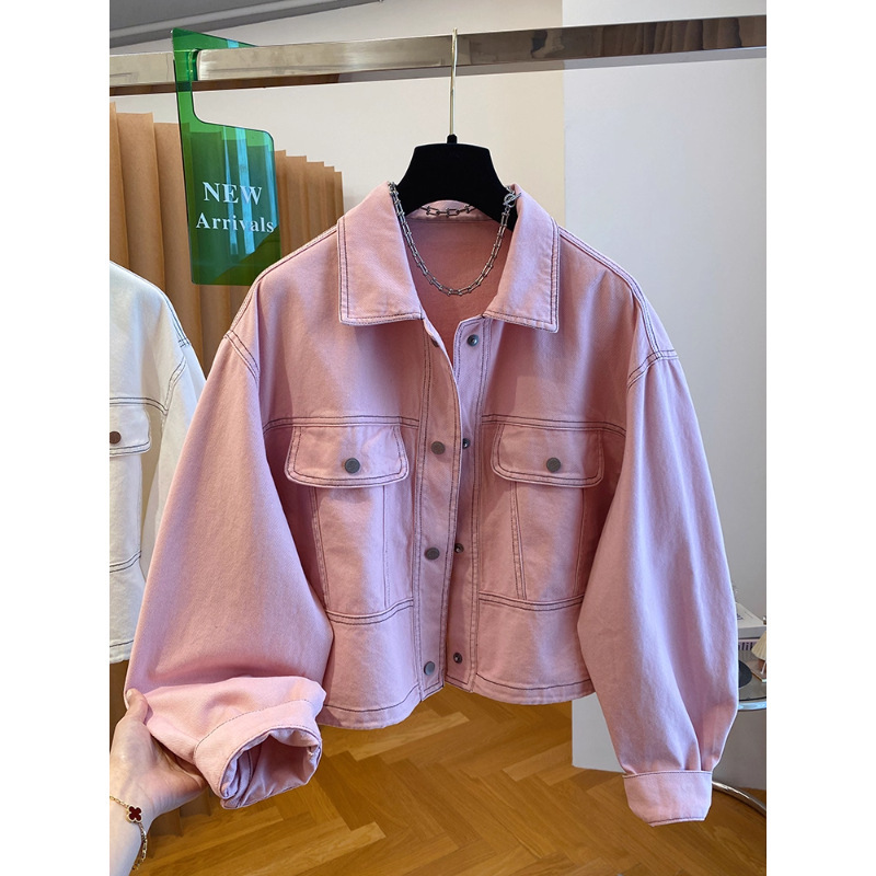 Korean Dongdaemun Pink Denim Jacket for Women, Short Style, 2025 Early Spring New Loose Fit, Visible Stitching Denim Jacket Top