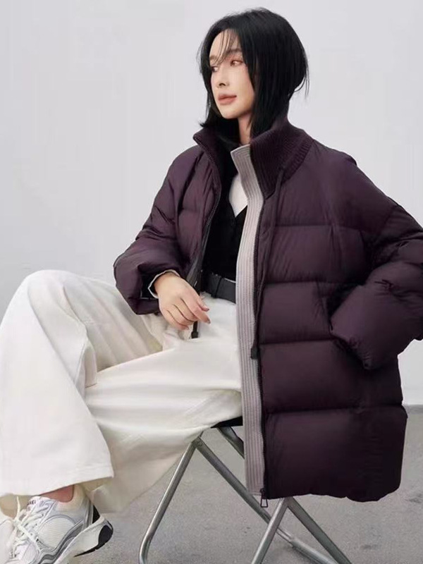 欧洲站2025冬季飘带抽绳针织拼接高领休闲A字小个中长羽绒服|undefined