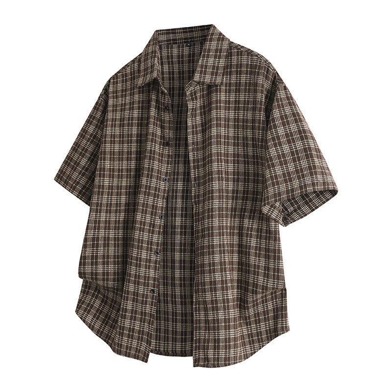2025 Summer Foreign Trade New Men's Plaid Casual Loose Short-sleeved Shirt Men's plus size Lapel Short-sleeved Shirt