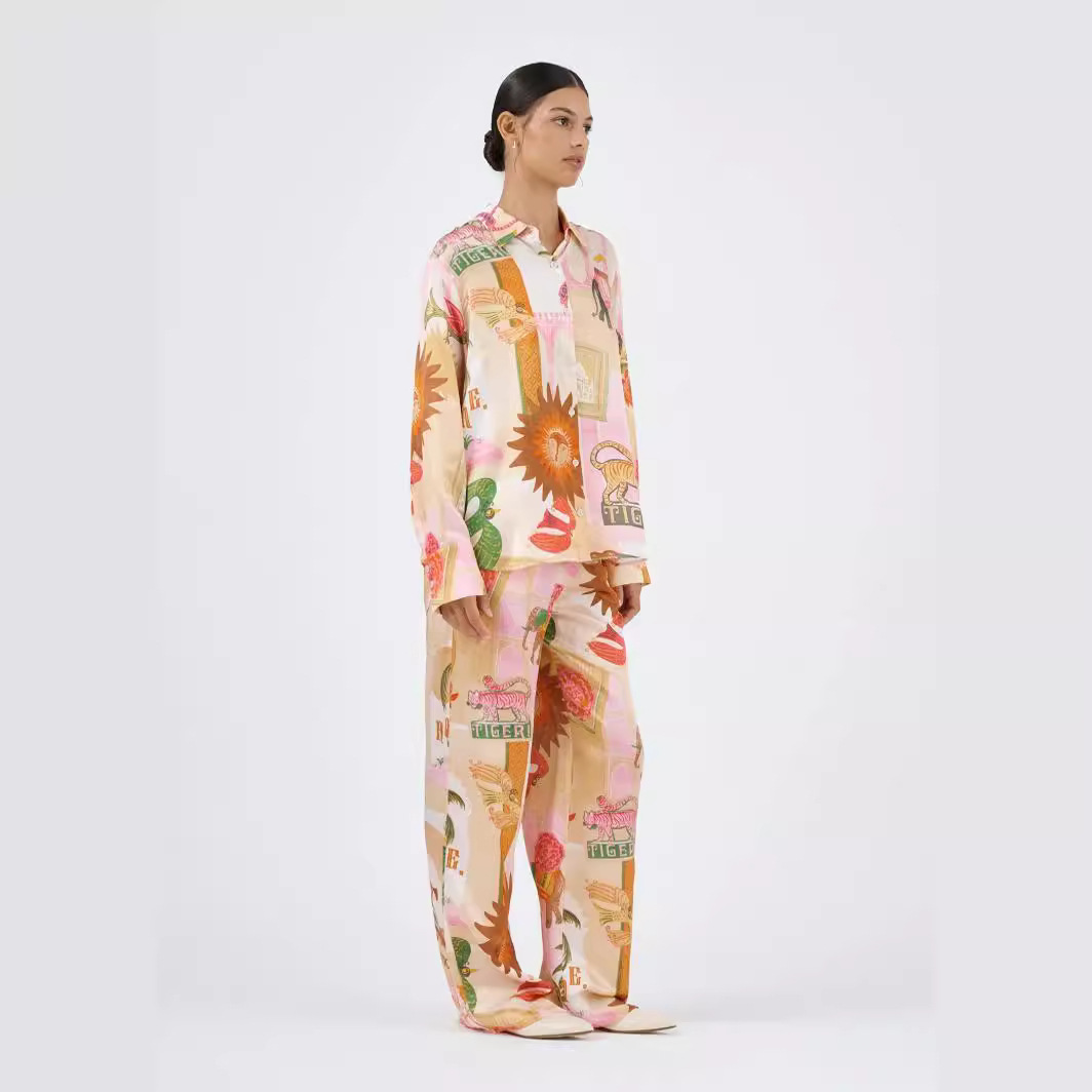 Turndown Neckline Loose Fit Type Holiday Women's Casual Vacation Animal Letter Polyester Printing Pant Co-ord Set Pants Sets
