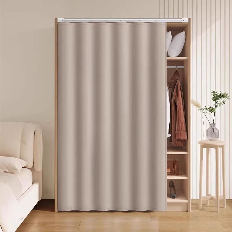 Solid Color Sliding Dustproof Door Curtain for Wardrobe Without Doors, White Cabinet Cover-Up Curtain, No-Drill Self-Adhesive Type
