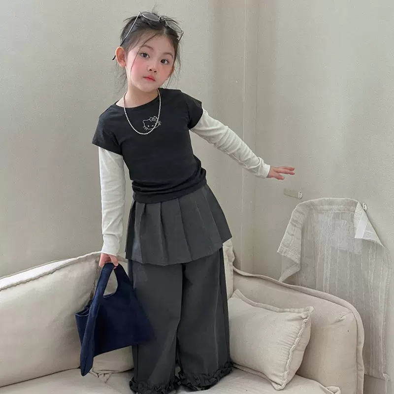 女童韩系2026春秋季新款卡通假两件上衣百搭屁帘休闲裤潮流三件套