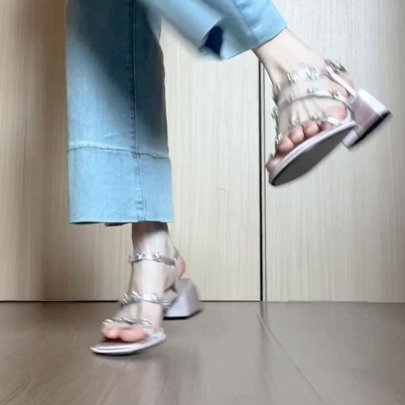 French-Style Elegant Sandals for Women, 2026 New Model, Pink Single-Strap with Rhinestones, Chunky Heel, Gentle French Style, Summer High Heels