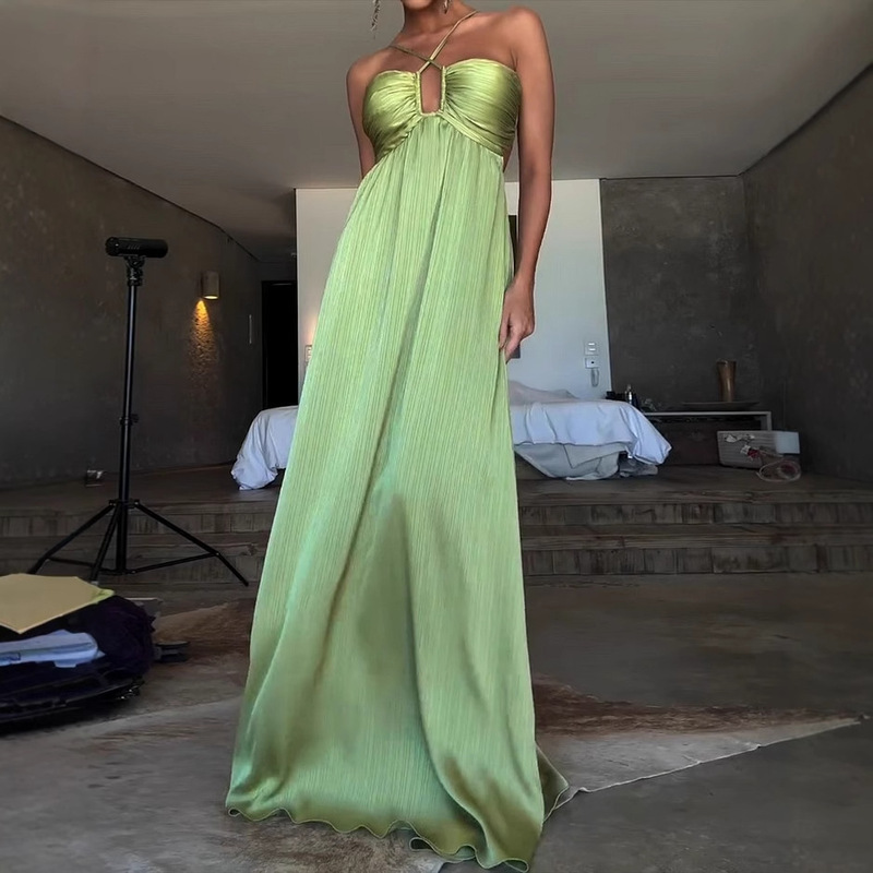 Cross-Border European and American Foreign Trade Women's Fashion New Style Solid Color Cross-Strap Niche Design Halter Dress Backless Dress