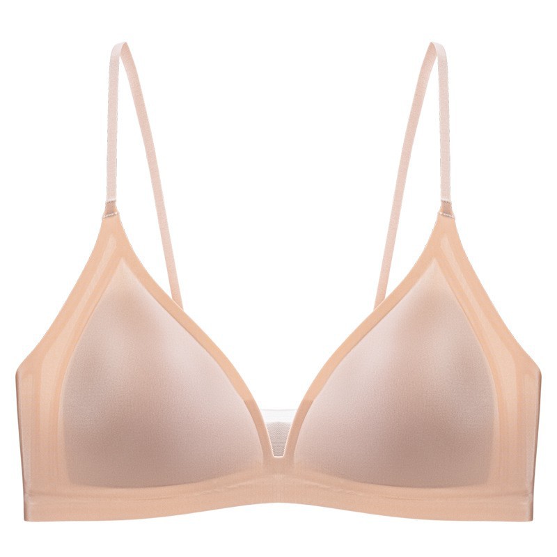 Leche francesa satén taza triangular sin marca ropa interior damas V profunda sexy sin anillo de acero sujetador se reúne taza de soporte superior