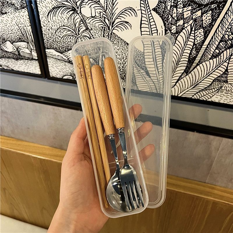 Ins Tableware Wooden Chopsticks Spoon Three-Piece Set Student Adult Office Worker Outdoor Portable Tableware Storage Box