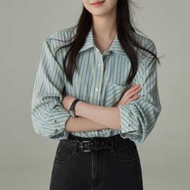 JACOOBS娅可家灰蓝杏条纹衬衫女春秋长袖叠穿衬衣慵懒风韩系上衣