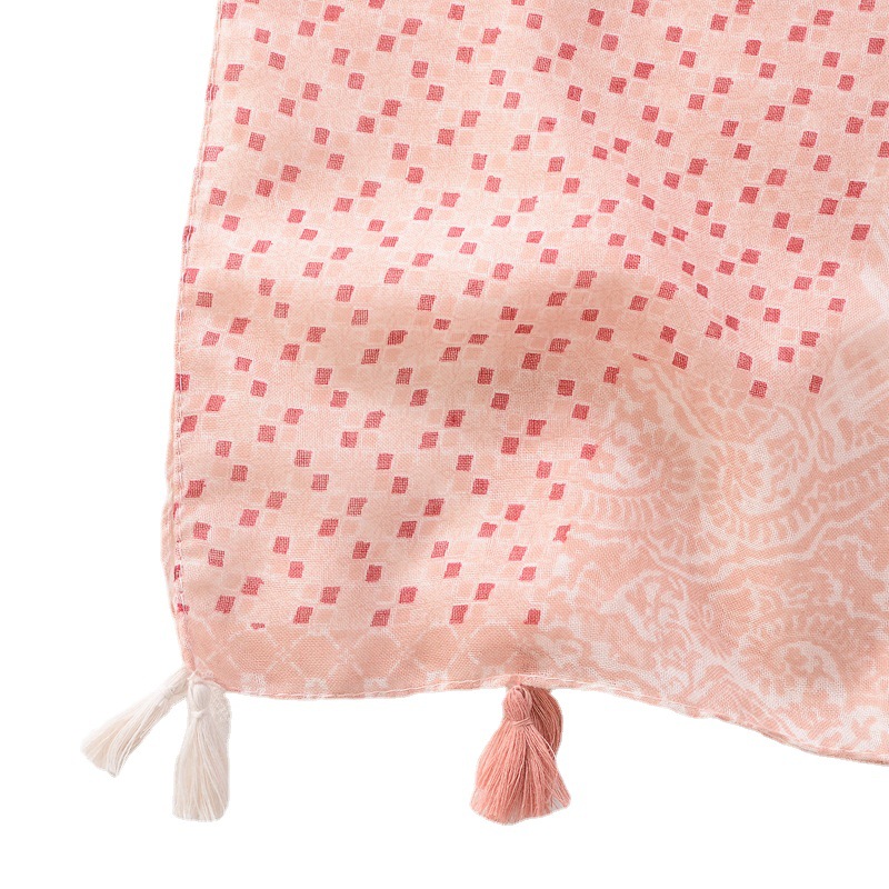 Estilo coreano japonés suave rosa geométrico floral bufanda de seda de algodón y lino sensación artística fresca bufanda de viaje Toalla de playa