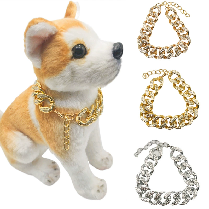 Поставка трансграничного золотого ошейника для домашних животных, ожерелье для французского бульдога, золотистый ретривер, лабрадор, бульдог, золотая цепочка, регулируемая