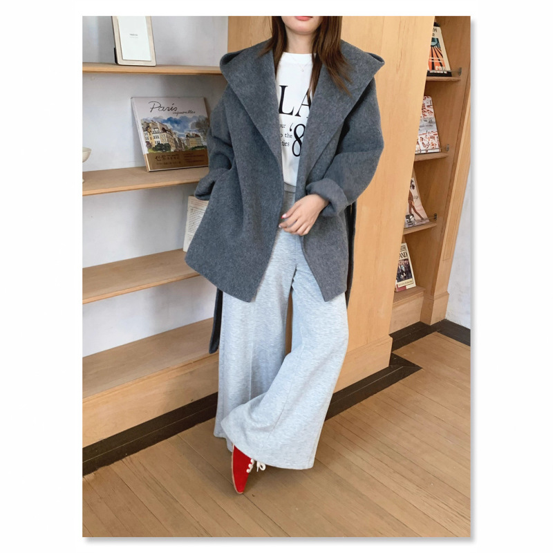 25新款简约连帽气质休闲百搭双面手缝羊毛大衣女款外套|undefined