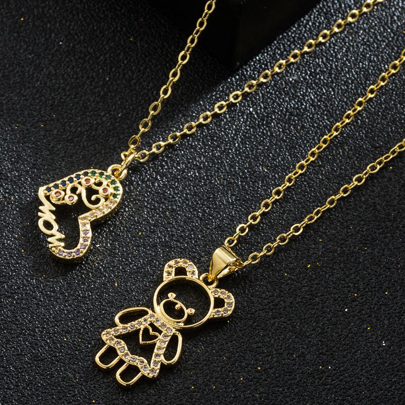 motheru0027s day gift heart mom bear pendant copper 18K gold-plated inlaid zircon necklace