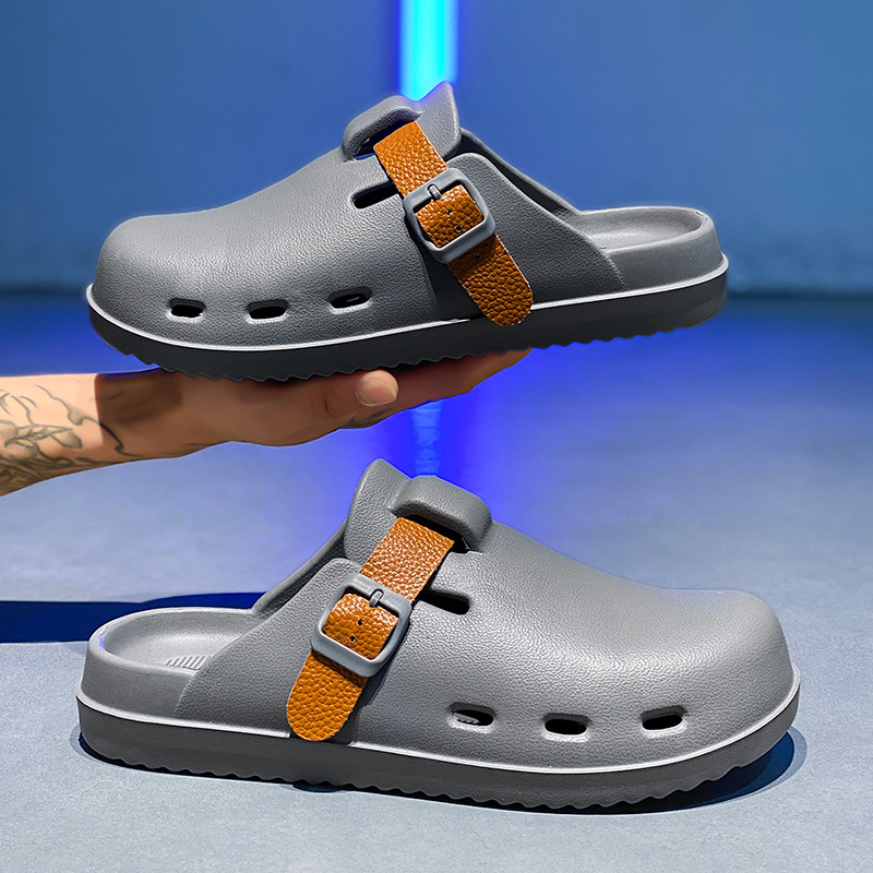 Boken Shoes Baotou Semi-pantuflas verano para hombres nuevo estilo moda europea y americana hebilla de cinturón zapatos perezosos zapatos con agujeros de un pie