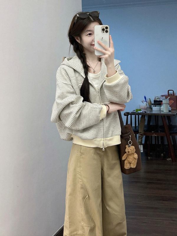 韩系慵懒风条纹拉链连帽卫衣外套女2025新款秋冬百搭显瘦开衫上衣|undefined
