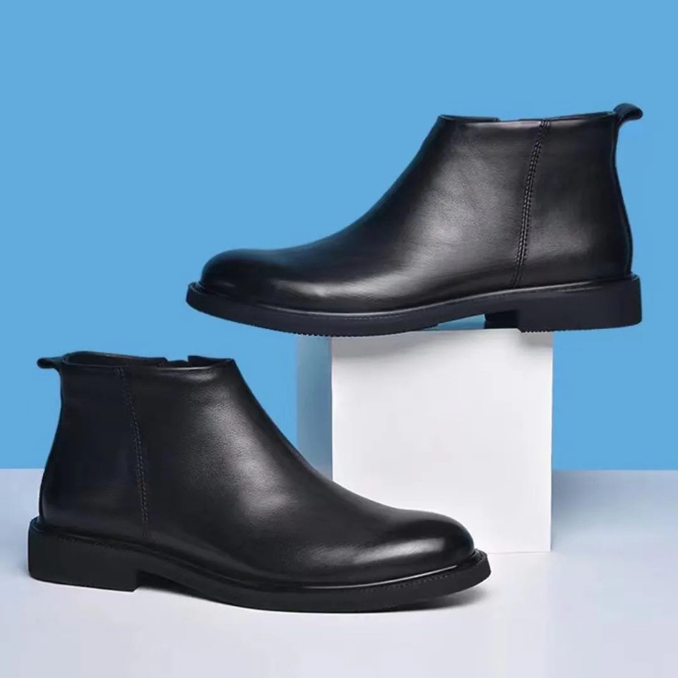 Giày bốt nam cổ cao kiểu Chelsea phong cách Anh, đế cao su chống trượt, gót thấp 1–3 cm — Giày một lớp màu đen, Màu đen lót nhung chi tiết 4