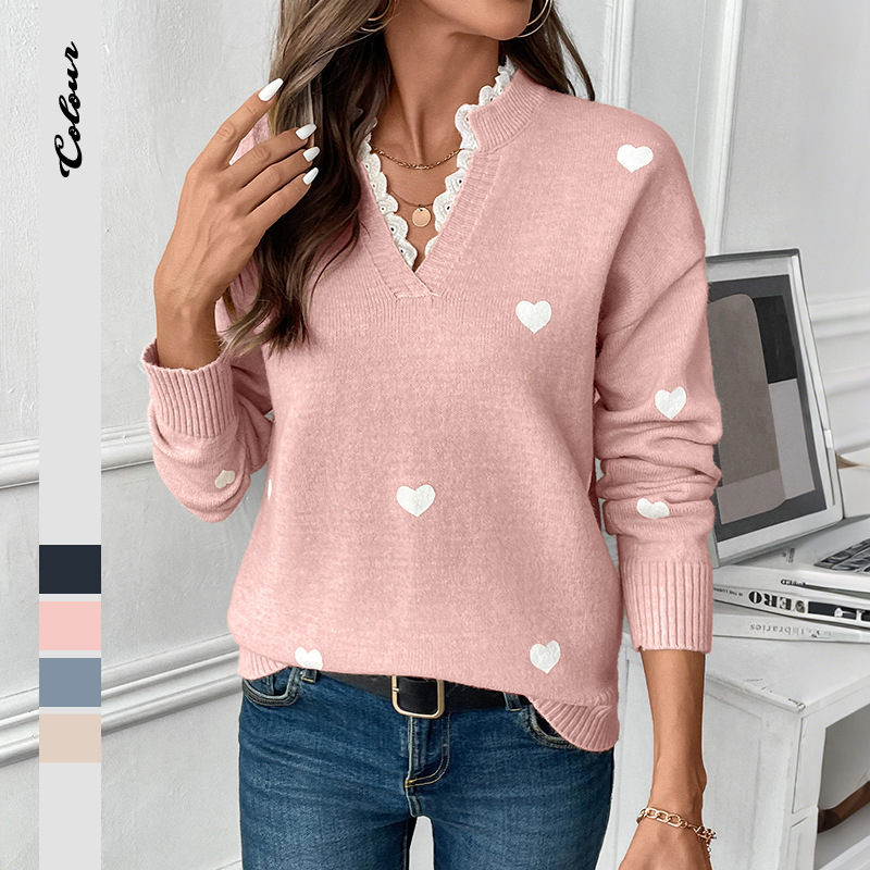 【100% Clothing】Amazon's Best-Selling Autumn and Winter European and American Valentine's Day Date Cross-Border V-Neck Heart Sweater for Women