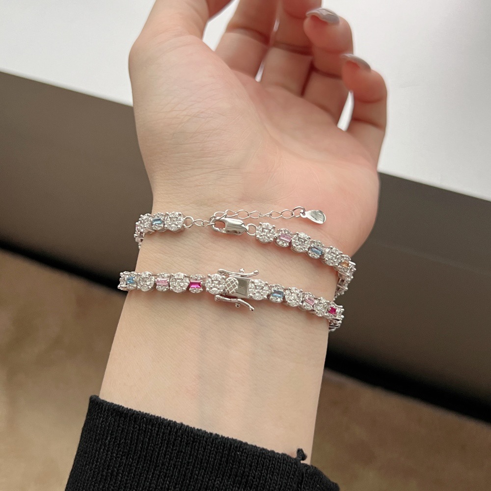 Geometric Pattern 925 Sterling Silver Bracelets Simple Style Shiny Inlay Full Zircon