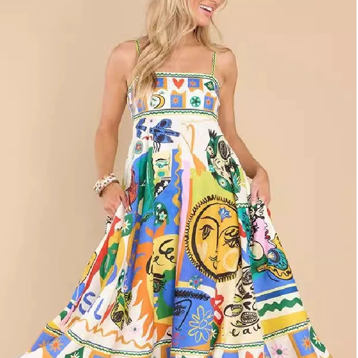 Женское платье-сарафан с принтом граффити в стиле масляной живописи, летняя новинка 2025 года, высококачественное, без рукавов, с широким подолом