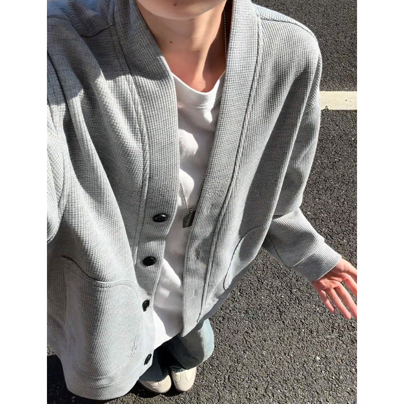Gray Cleanfit Waffle Jacket Men's Autum Korean Style Lazy Style V-Neck Sweatshirt Heavy Couple Knitwear