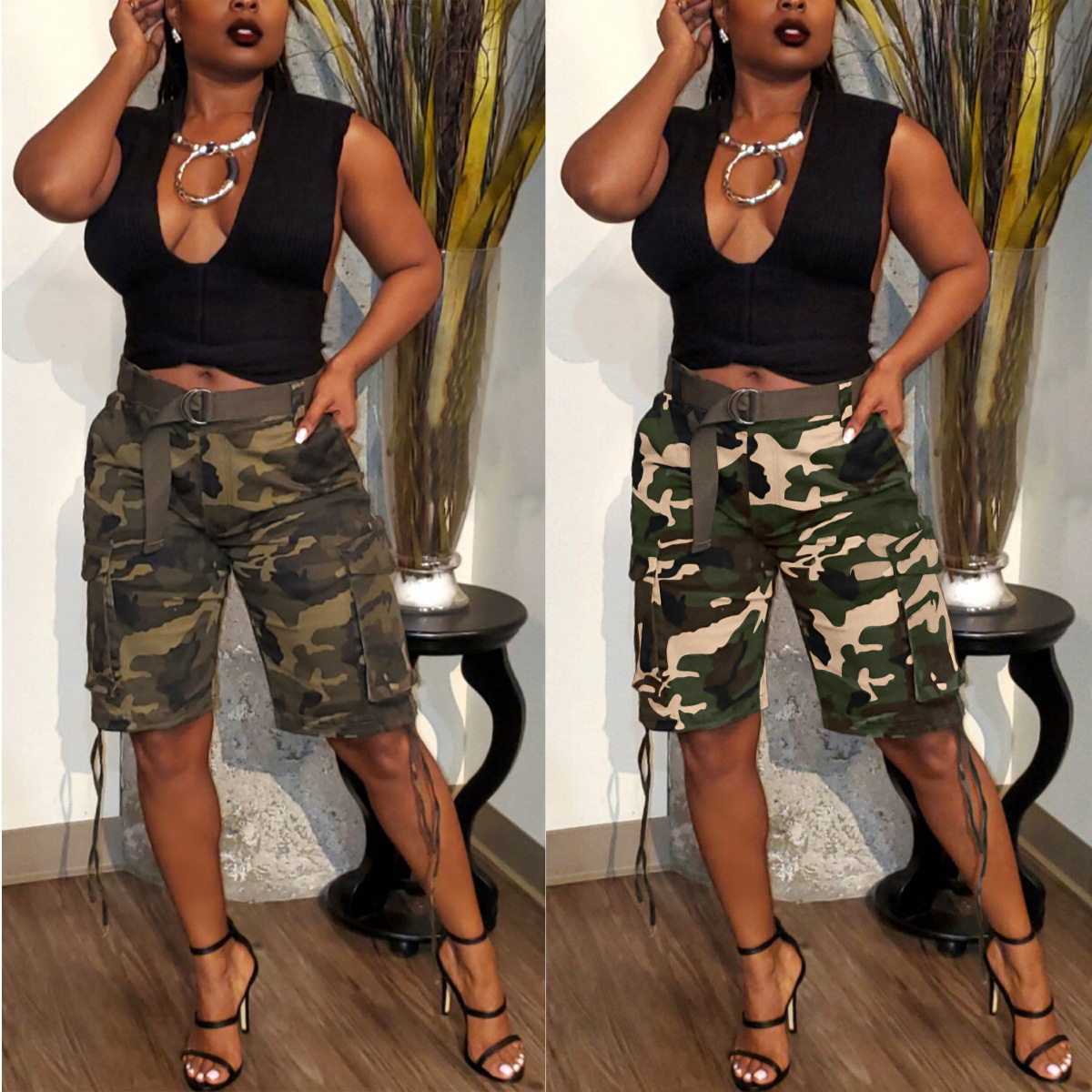 Bn289 Foreign Trade Cross-Border European and American Clothing Spring and Summer Camouflage Drawstring Multi-Flap Pocket Pants Cargo Pants (Excluding Belt)