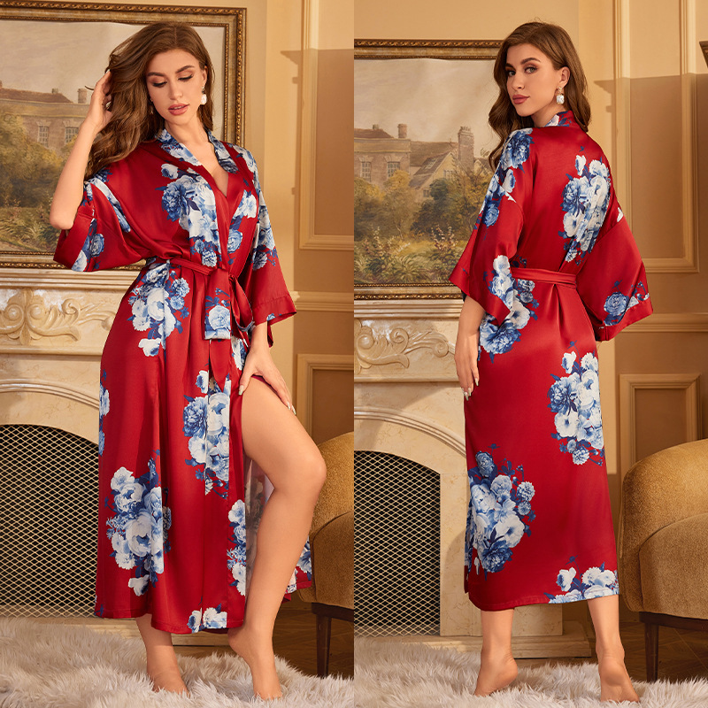 Yaoting 2024 nuevo pijamas camisón para las mujeres primavera y verano Xiaowei Dan satén rojo de lujo con cordones mañana bata de baño WP2669