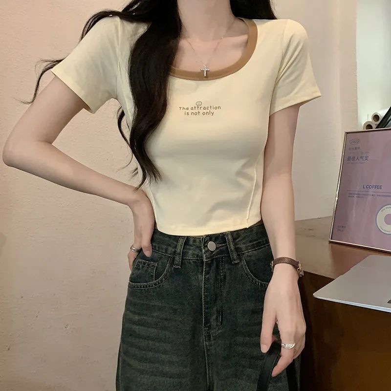 スレッドショルダースクエアカラー半袖Tシャツ女性用インカラーブロックピュアディザイアホットガールスリム痩身鎖骨ショートフィッシュボーントップ|undefined