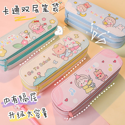 Back-to-school season double-layer pencil case large capacity simple canvas Japanese style ins girl primary school student cute stationery pencil case