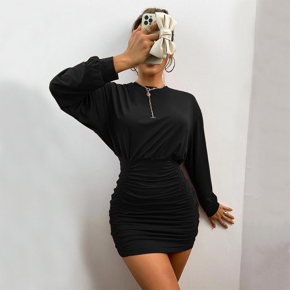 Folds Long-Sleeved Knitted Dress NSYSQ90535