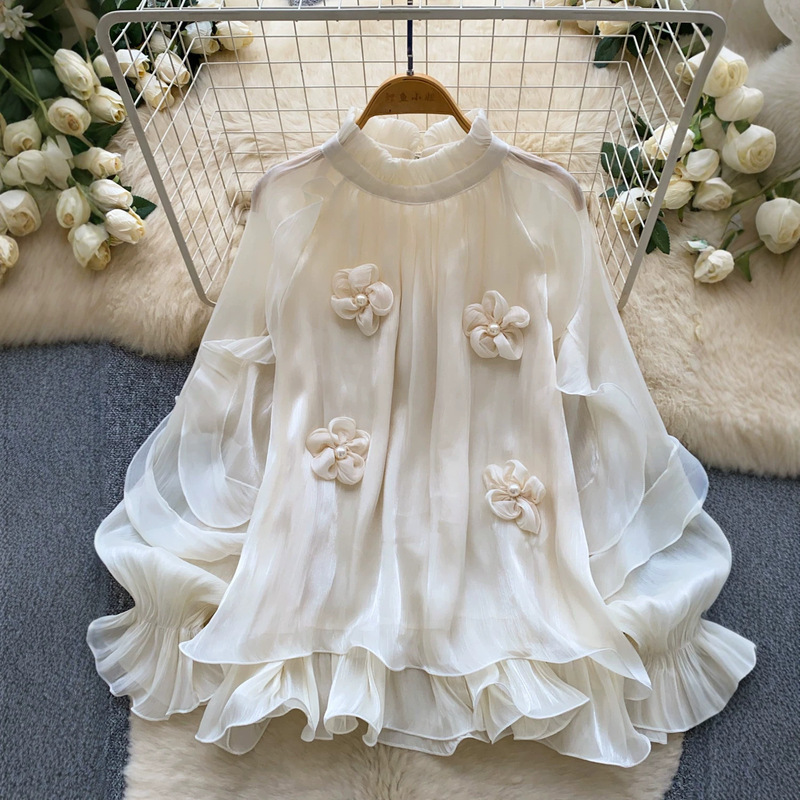 Cross-border French-style gentle floral ruffle blouse for women, summer loose-fitting long-sleeve lantern sleeve, youthful and elegant Cross-border French-style gentle floral ruffle blouse for women, summer loose-fitting long-sleeve lantern sleeve, youthful and elegant