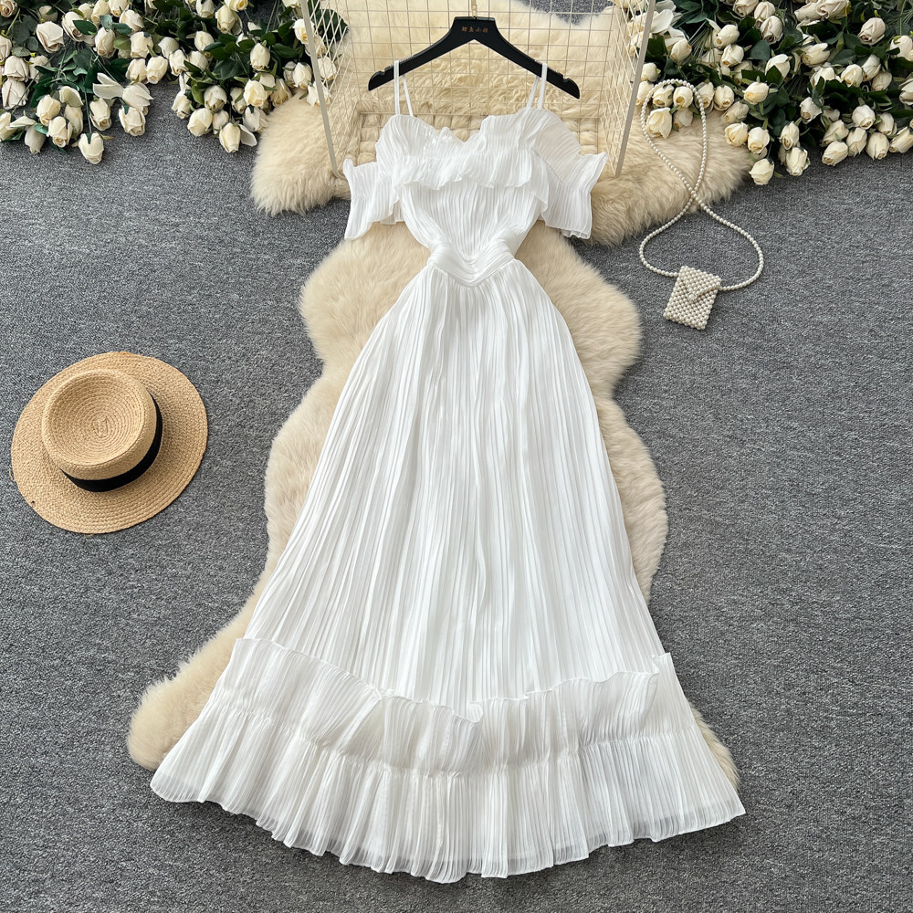 French Style Off-Shoulder Spaghetti Strap Dress Korean Waist Cinching Summer Elegant Long Dress for Vacation_ecoleips.com