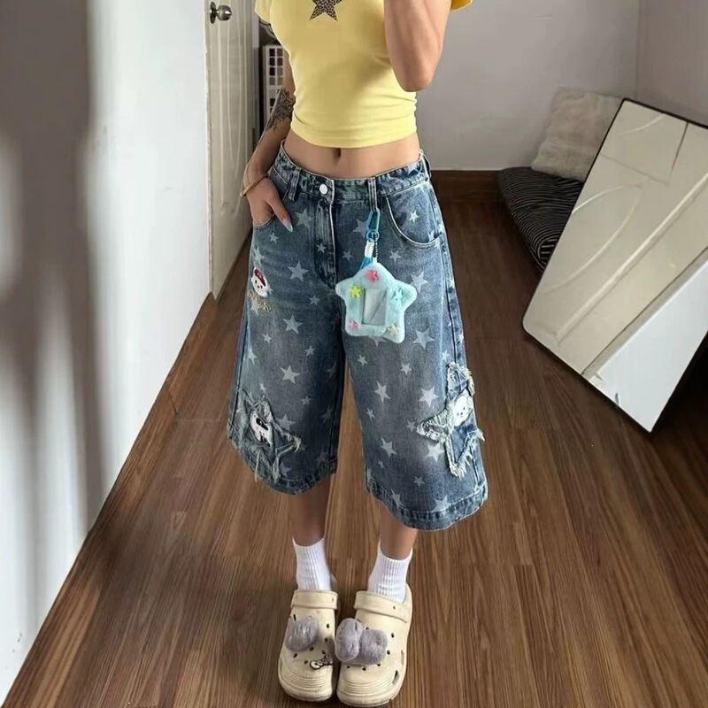 Trendy American-Style Washed Denim Cropped Pants for Women, Vintage Patchwork Star Print, Loose Casual Versatile