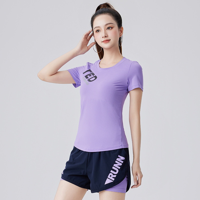 보라색 짧은 소매 검은 반바지 (보라색 로고)