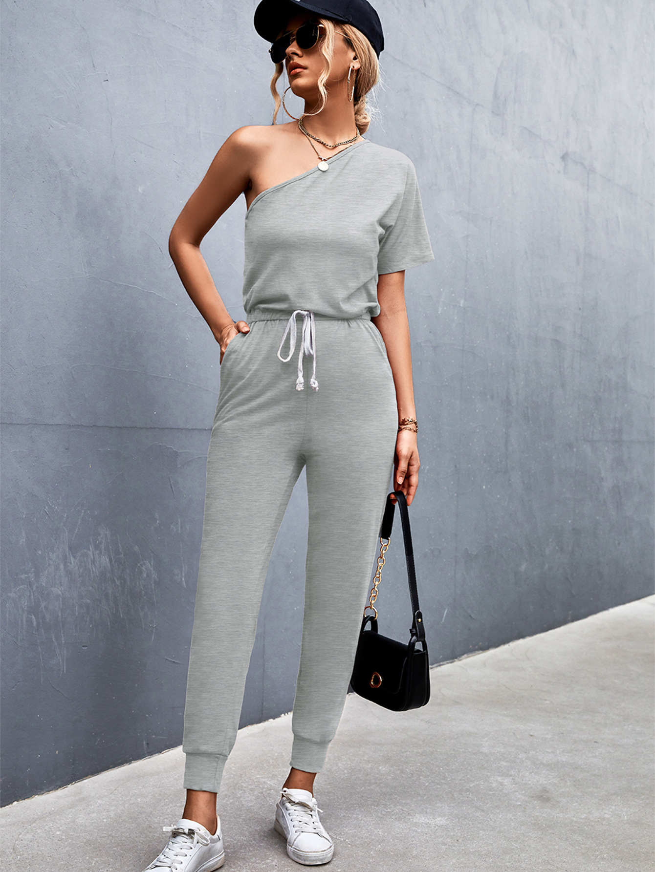 Women Clothing Diagonal Shoulder Jumpsuit