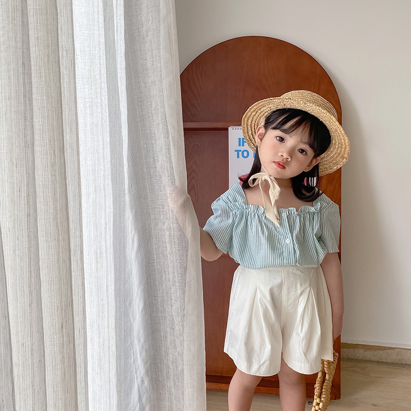 2021 A summer New products girl Short sleeved shirt Vertical stripe Baby unlined upper garment