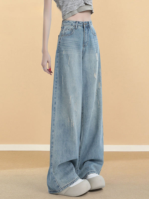 Vintage Distressed Wide-Leg Jeans for Women, Spring/Summer 2026 New High-Waisted Loose Slimming Straight Pants Vintage Distressed Wide-Leg Jeans for Women, Spring/Summer 2026 New High-Waisted Loose Slimming Straight Pants