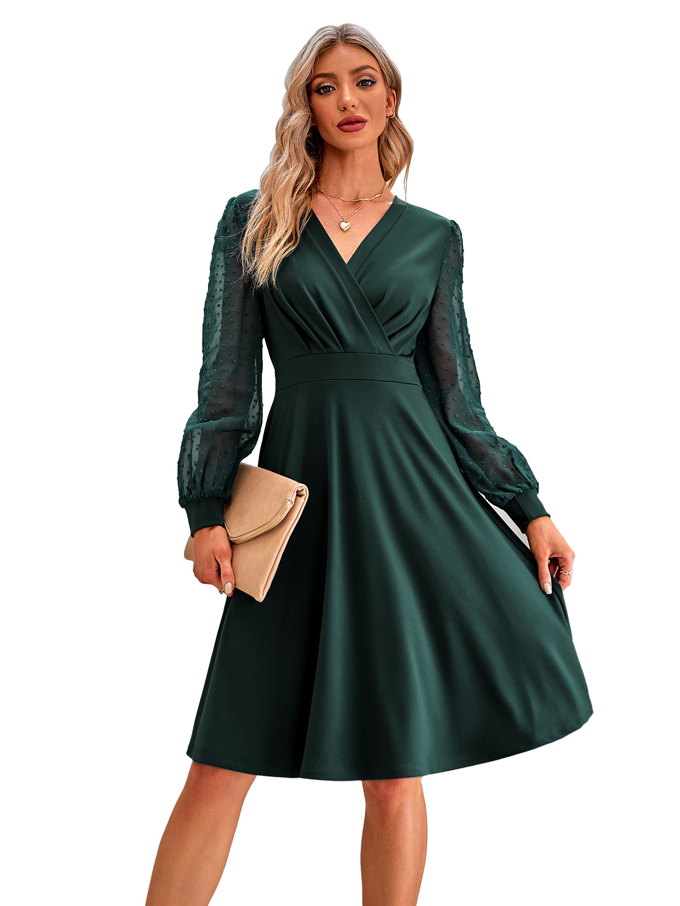 Fashion Solid Color V Neck Long Sleeve Jacquard Polyester Dresses Knee-Length A-Line Skirt