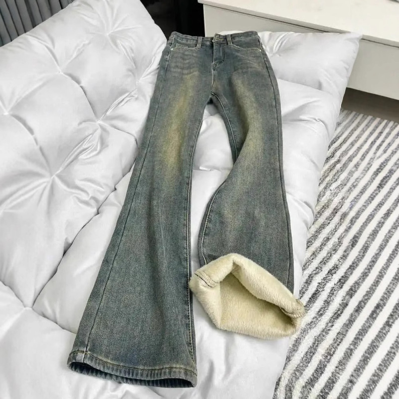 [Korean Beef] 2025 New Winter Style High-Waisted Slimming Look Fashionable Versatile Fleece-Lined Thickeneded Retro Blue Jeans for Women