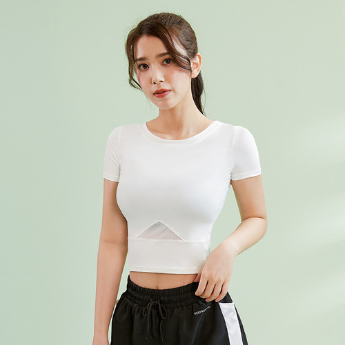 Women's Yoga Wear Polyester Running Cyber Celebrity Sexy Slimming Tight Top Short-Sleeved Midriff-Baring Sports Top Hollow-Out Fitness Clothing
