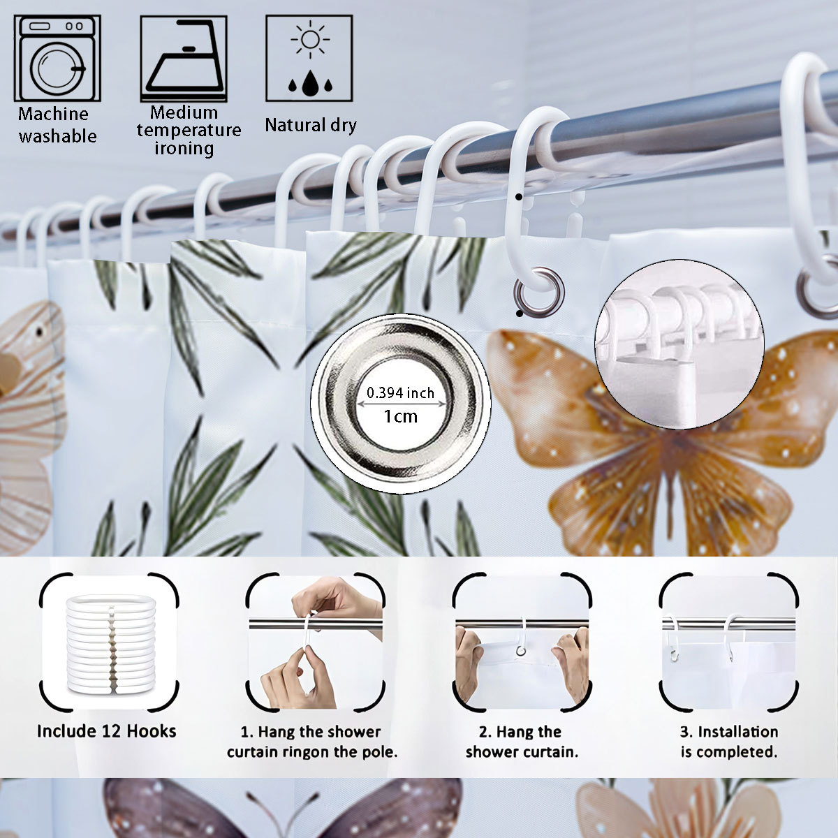 Cortina de baño de cuatro piezas de poliéster impresión digital 3D mariposa sin perforación separación seca y húmeda cortina de baño impermeable image 4