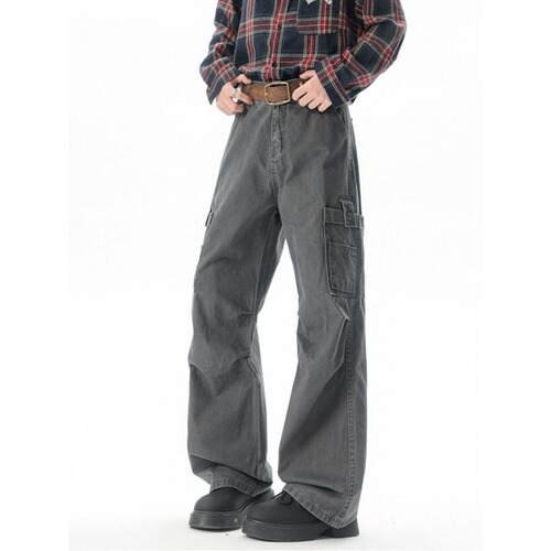 American Street Work Pants for Men - Fall/Winter Retro Washed Casual Trousers - Trend Brand Wide Leg Straight Leg Long Pants