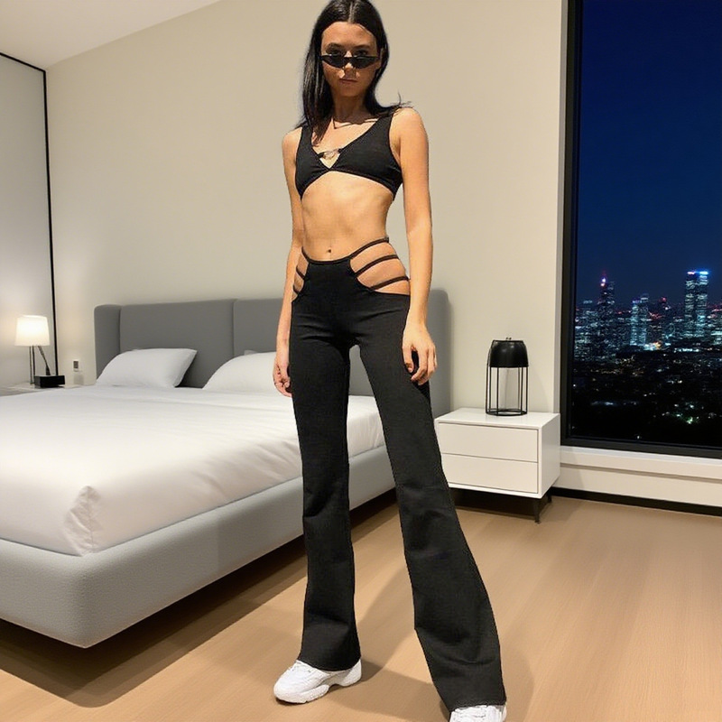 European and American Hot Fashion Sexy Hollow Low Waist Flared Pants Women's Personalized All-match Sports Punk Slim Base Pants European and American Hot Fashion Sexy Hollow Low Waist Flared Pants Women's Personalized All-match Sports Punk Slim Base Pants
