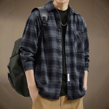高端日系复古磨毛格子长袖衬衫男春秋休闲宽松重磅工装衬衣外套男