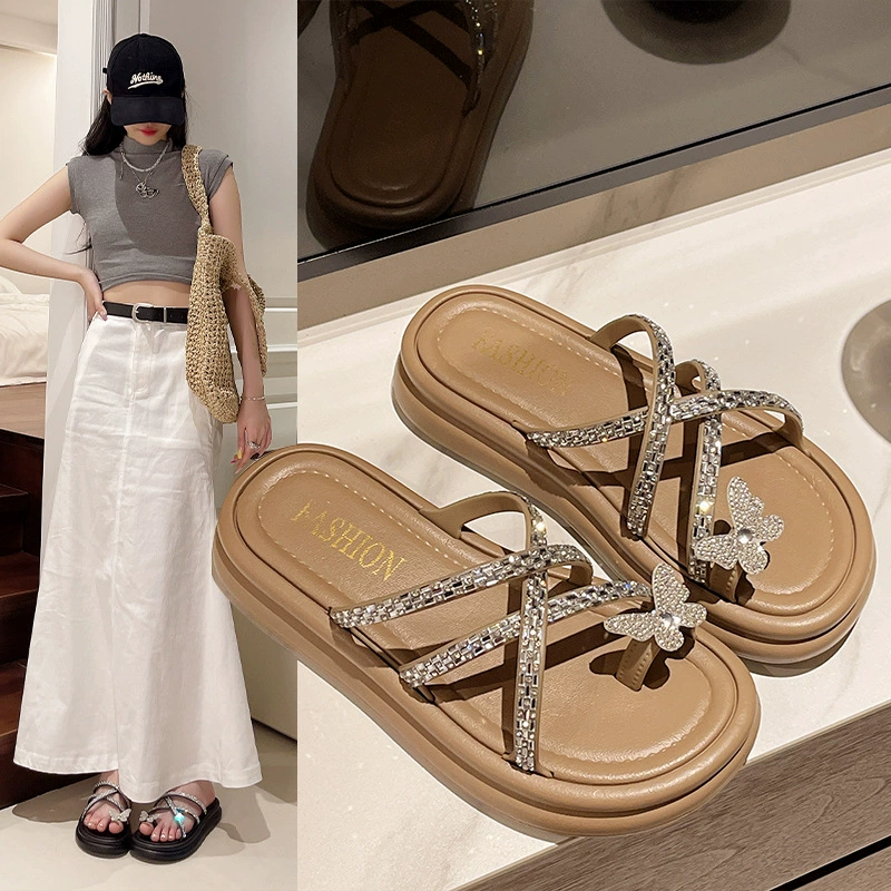 Модные тапочки женская внешняя торговля летом дикие волосы с толстым дном высокого уровня стразы