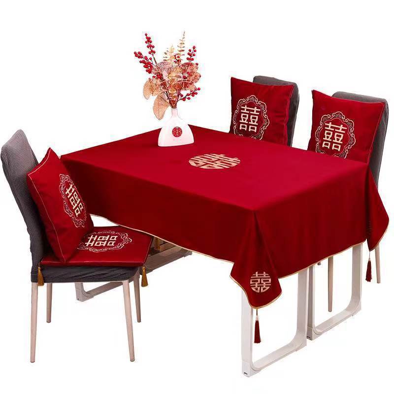 Tela de mesa de bodas, bandera de boda, mesa de té, tela roja china, ropa de mesa bordada, artículos de boda