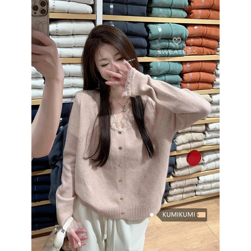 French-Style Unique Lace Splicing Pink Sweater for Women, Autumn and Winter Collared Knit Base Shirt Top French-Style Unique Lace Splicing Pink Sweater for Women, Autumn and Winter Collared Knit Base Shirt Top