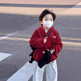 儿童红色卫衣新年加绒圣诞红色卫衣儿童一体绒洋气亲子男童女童