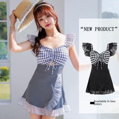 Bathing Suit for Women -  New Pure Desire Student Conservative Belly Covering Slimming Sexy Small Cup Short Sleeve One-piece Hot Spring Swimsuit