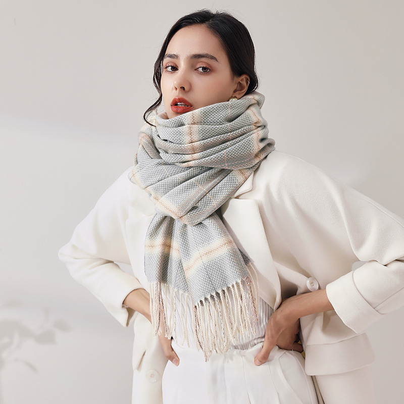 2024 Fashion Checkered Scarf New Cashmere Scarf Women's Sweet Shawl Warm Woven Tassel Autumn And Winter Scarf_voghion.com