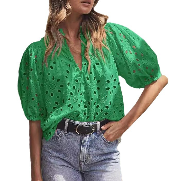 2024 Amazon Independent Station Foreign Trade Cross-border Women's Lantern Sleeve Button Hollow Lace Lining Embroidered Shirt 2024 Amazon Independent Station Foreign Trade Cross-border Women's Lantern Sleeve Button Hollow Lace Lining Embroidered Shirt