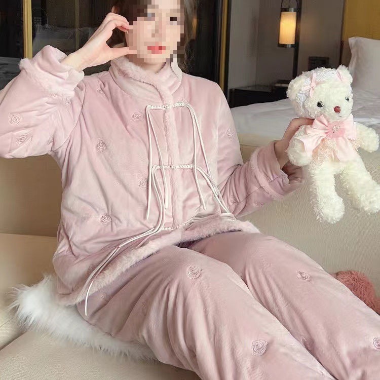 女装套装睡衣外套裤子加绒加厚上衣国风棉衣家居服冬外穿上衣棉袄